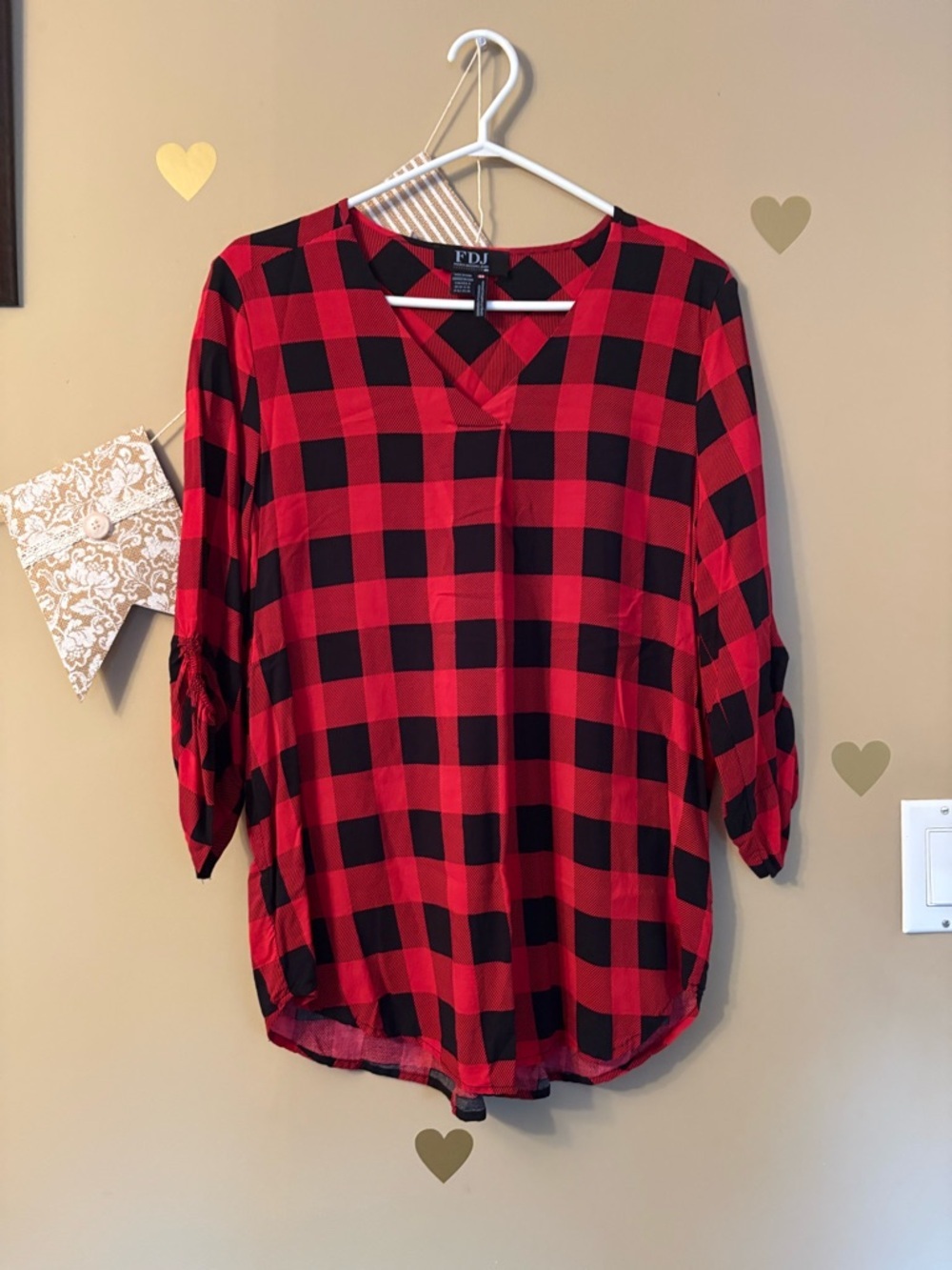 FDJ Red and Black Buffalo Plaid V-Neck Blouse - Picture 2 of 8